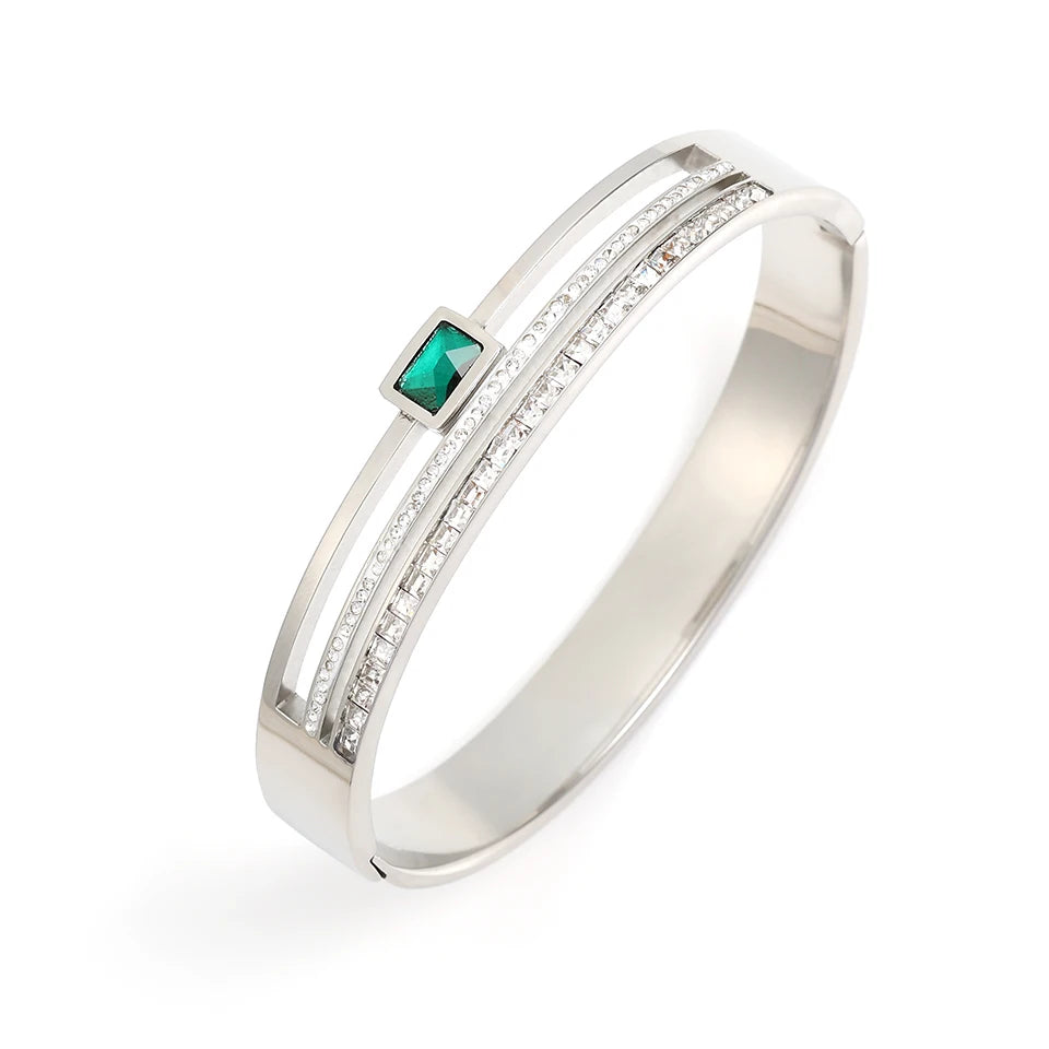 Stainless Steel Emerald Double Row Zirconium Ring