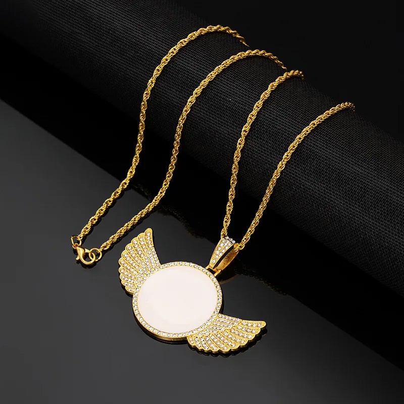 Angel Wings Mirror Photo Memorial Pendant Inlaid Necklace