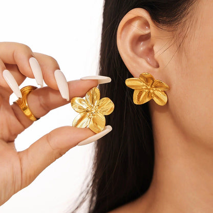 Stainless Steel Flower Leaf Stud Earrings