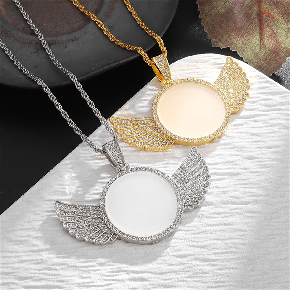 Angel Wings Mirror Photo Memorial Pendant Inlaid Necklace