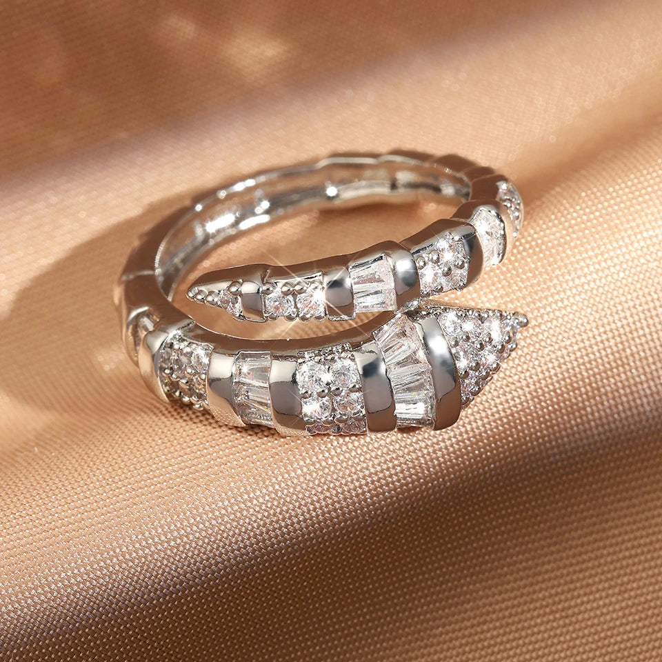 Copper Metal Snake Bone Nail Inlaid Zirconium Opening Ring