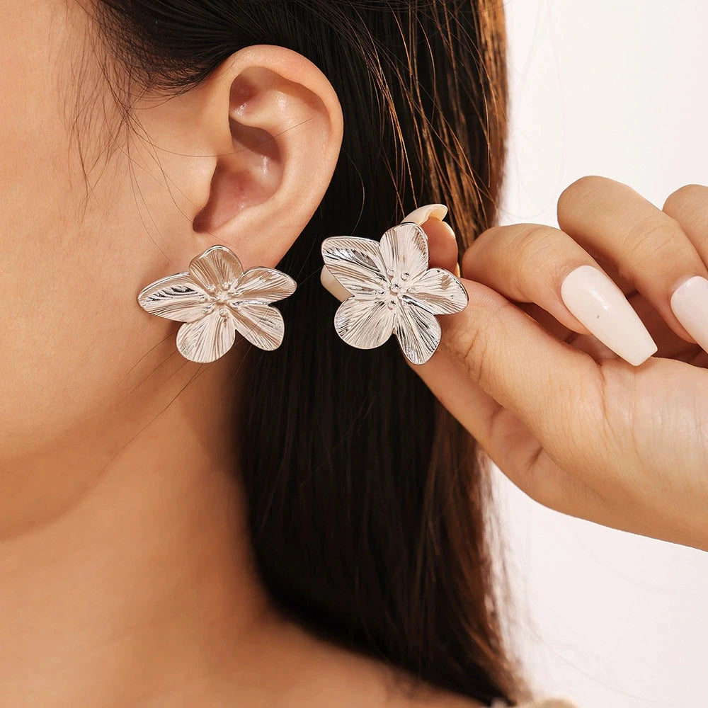 Stainless Steel Flower Leaf Stud Earrings