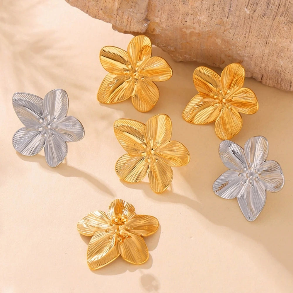 Stainless Steel Flower Leaf Stud Earrings