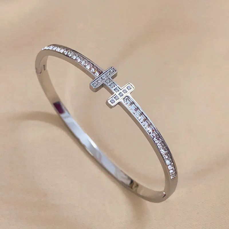 Stainless Steel Letter Inlaid Zirconium Stacking Bracelet