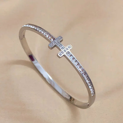 Stainless Steel Letter Inlaid Zirconium Stacking Bracelet