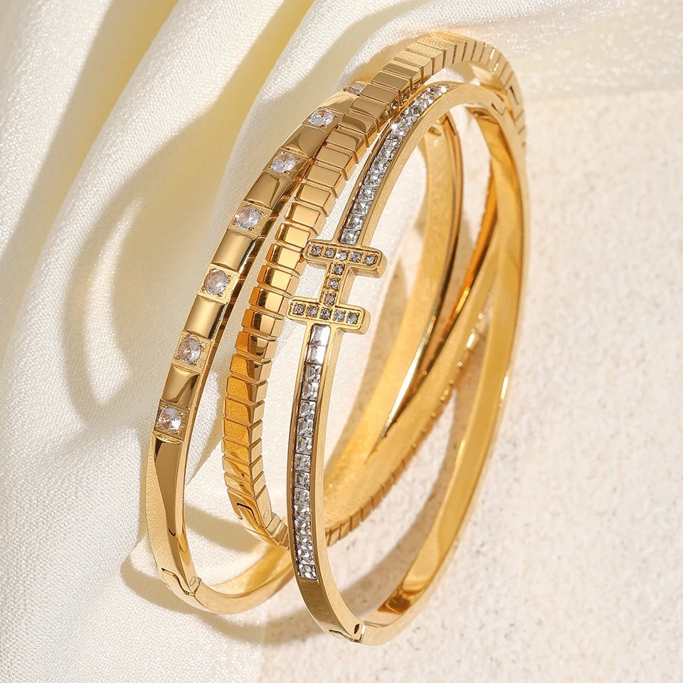 Stainless Steel Letter Inlaid Zirconium Stacking Bracelet