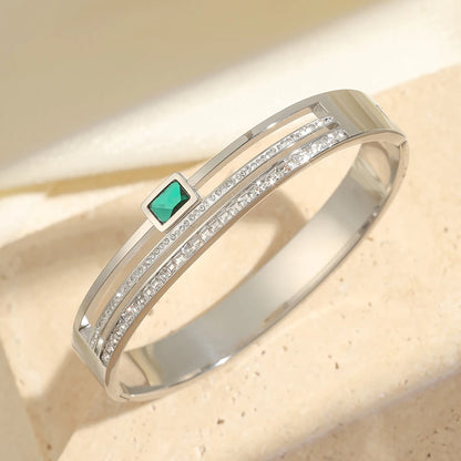 Stainless Steel Emerald Double Row Zirconium Ring