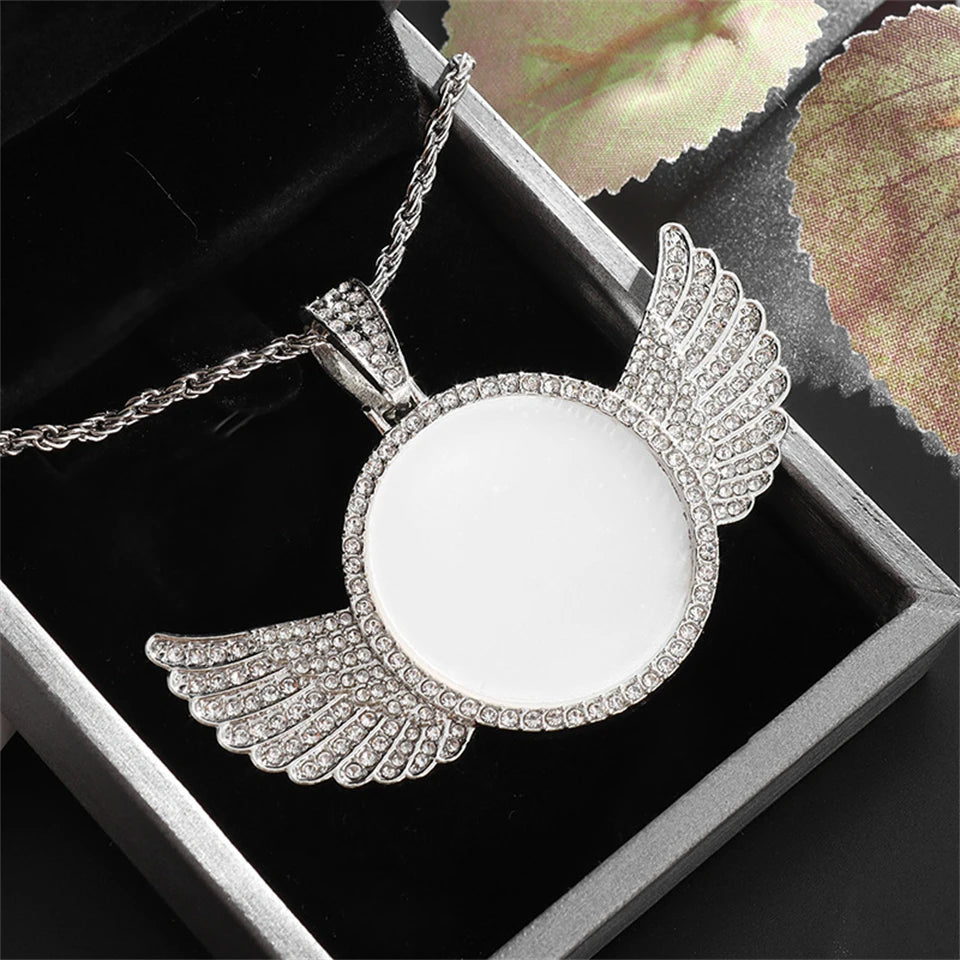 Angel Wings Mirror Photo Memorial Pendant Inlaid Necklace