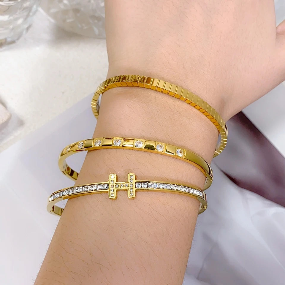 Stainless Steel Letter Inlaid Zirconium Stacking Bracelet