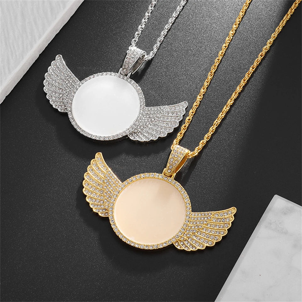 Angel Wings Mirror Photo Memorial Pendant Inlaid Necklace