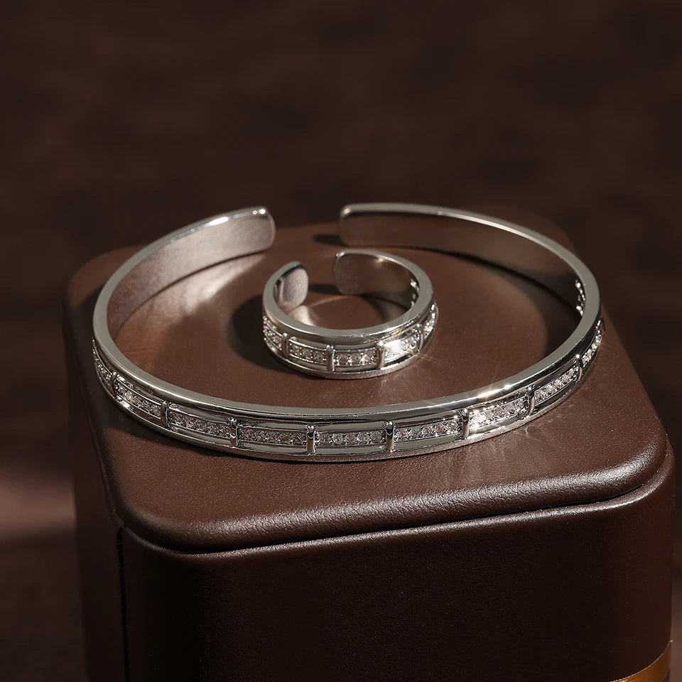 2-piece Set Of Copper Metal Inlaid Zirconium Opening Ring