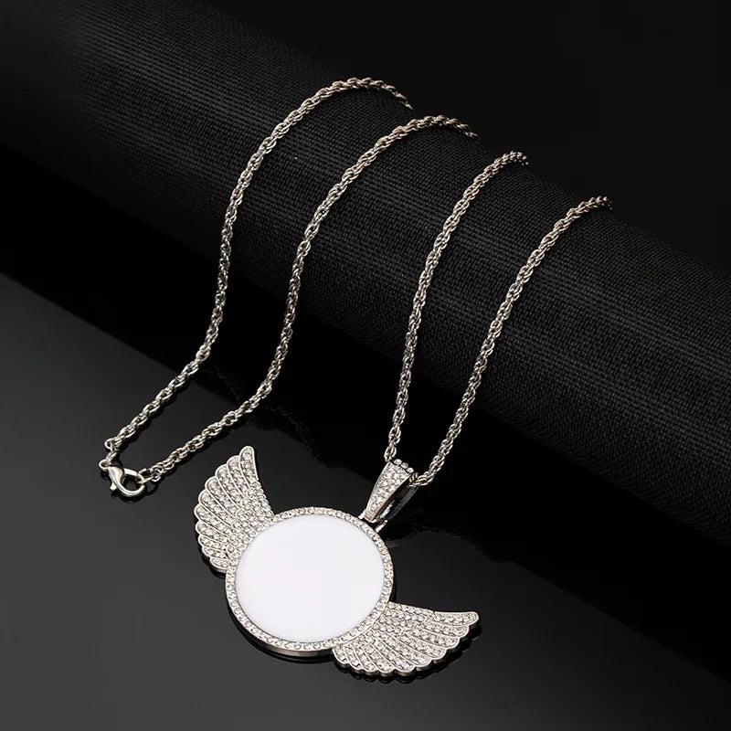 Angel Wings Mirror Photo Memorial Pendant Inlaid Necklace