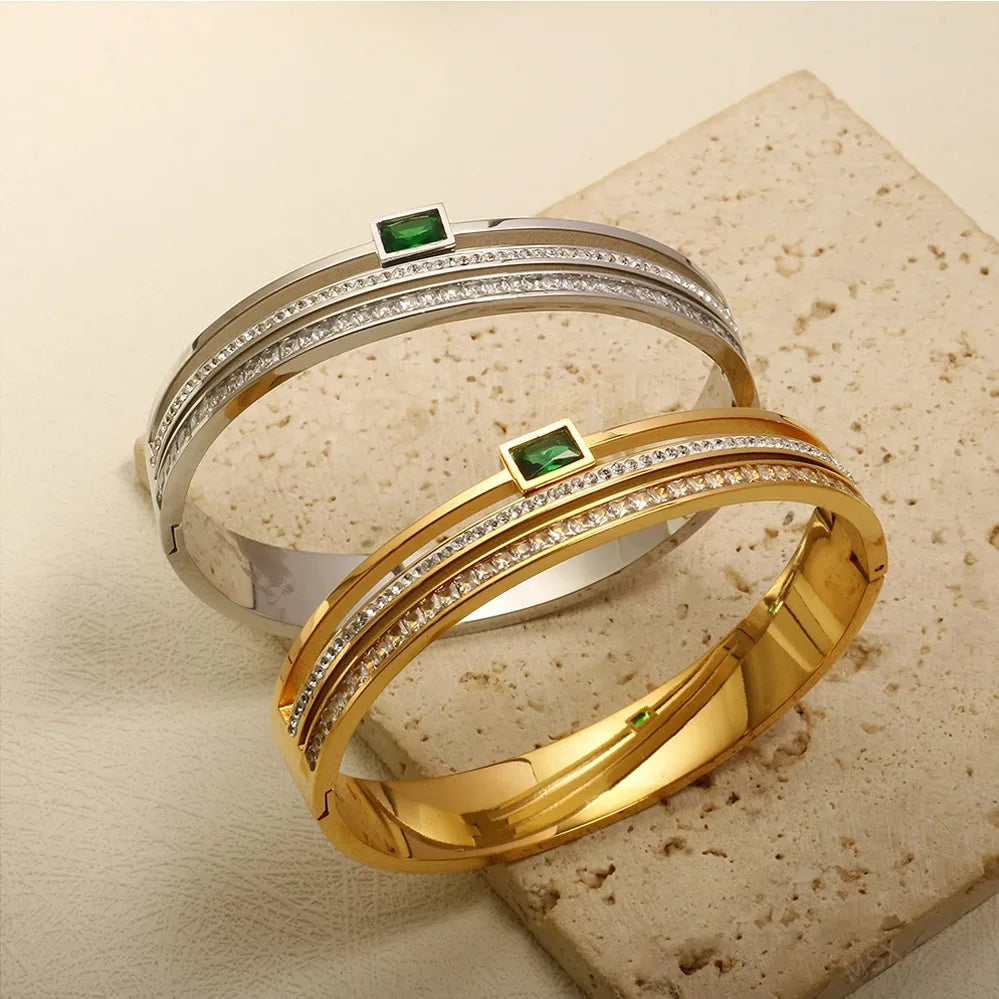Stainless Steel Emerald Double Row Zirconium Ring