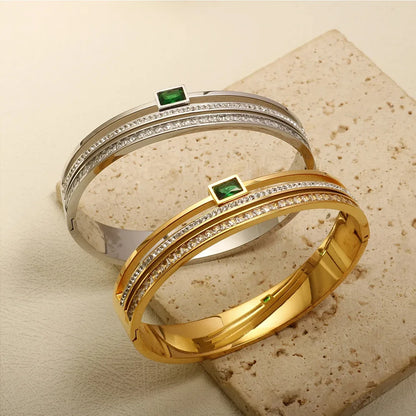Stainless Steel Emerald Double Row Zirconium Ring