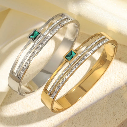 Stainless Steel Emerald Double Row Zirconium Ring