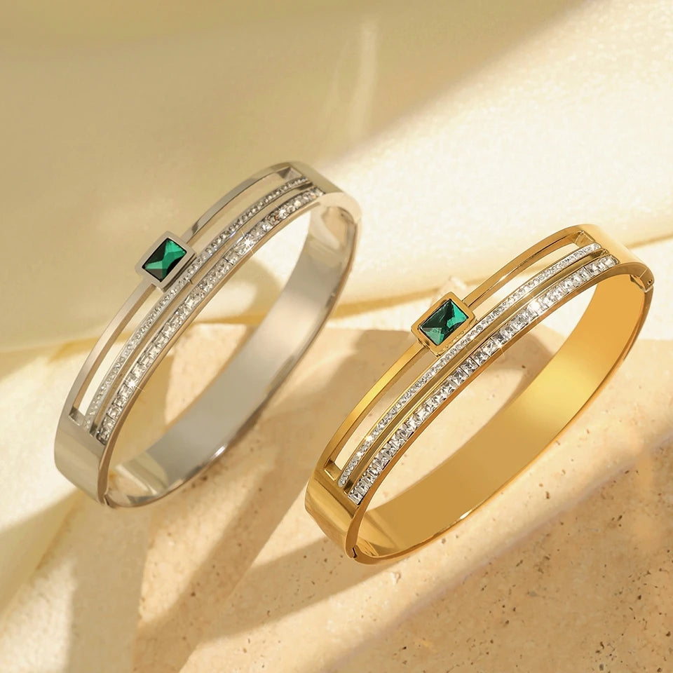 Stainless Steel Emerald Double Row Zirconium Ring