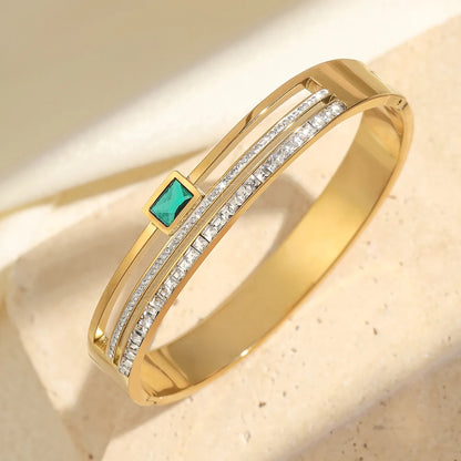 Stainless Steel Emerald Double Row Zirconium Ring